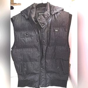 PD&C AUTHENTIC APPAREL GREY PUFFER VEST WITH HOOD, KNIT SLEEVE INSERT, NEW